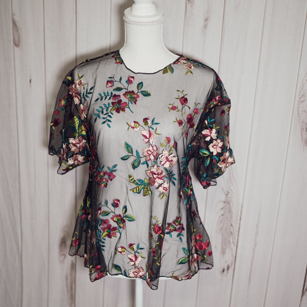 Urban Outfitters Kimchi Blue Sheer Black Floral Embroidered Top - XS - NWT - Picture 5 of 5